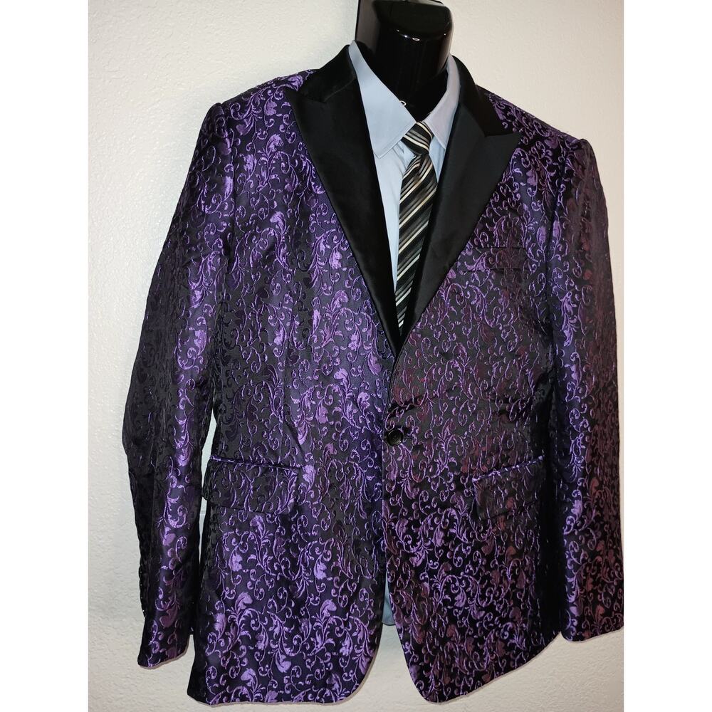 COOFANDY Men's Purple Floral Jacquard Blazer Tuxedo Jacket Size L M008 - Picture 7 of 11